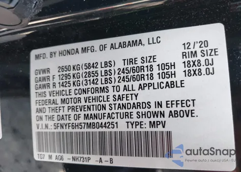 2021 Honda Pilot Awd Ex from USA, damaged, VIN 5FNYF6H37MB054261